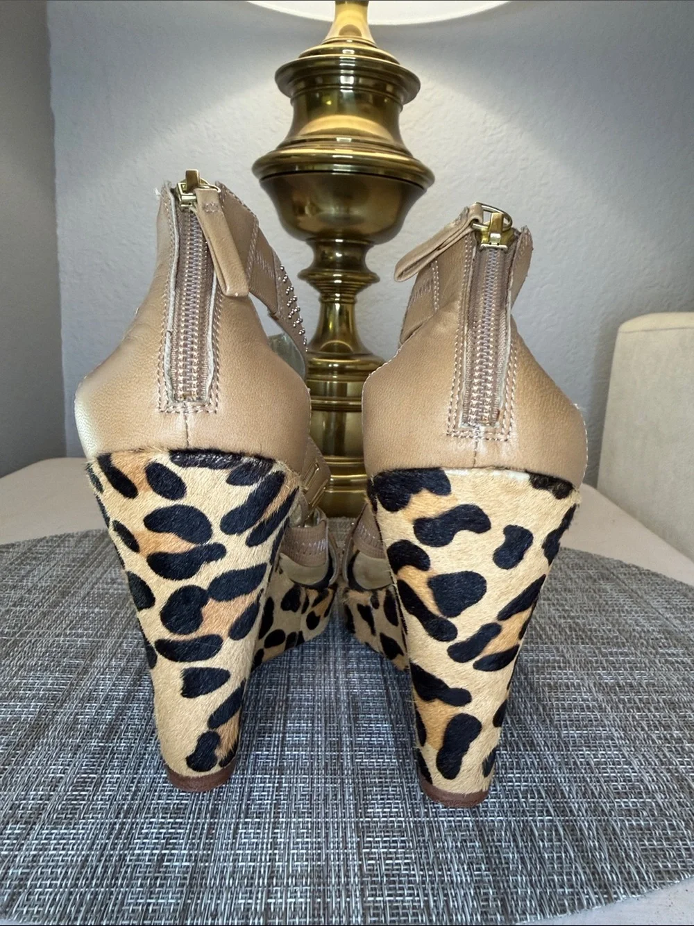 Leopard Print Tan Wedge Sandals with Studded Straps